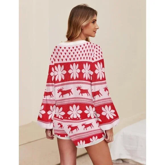 Women Red Rayon Long Sleeve Christmas Sweatsuit 2 Piece Outfits